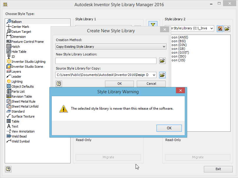 Inventor 2016 Migrate style library with Style Library Manager ends in