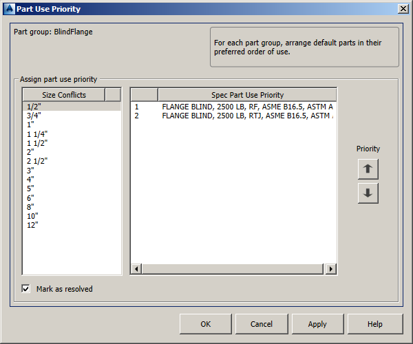 AutoCAD Plant 3D: Assign part use priority to multiple sizes in the spec