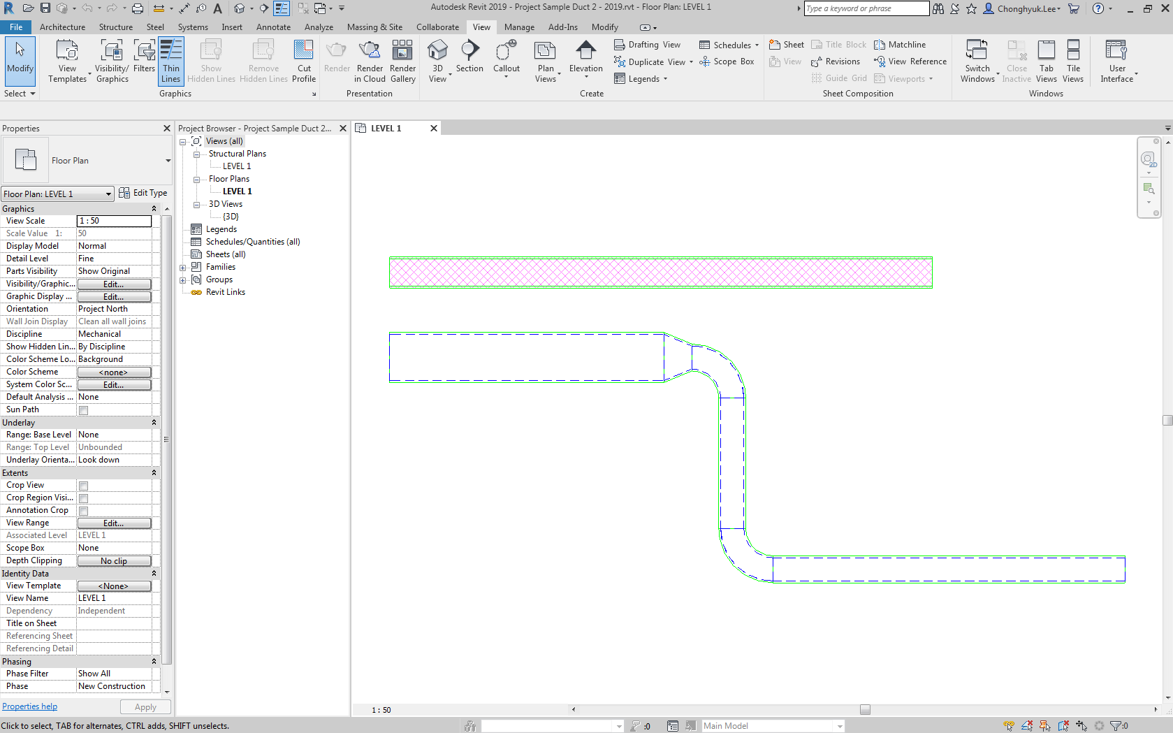 Duct lining does not show in Hidden Line but does print in Revit