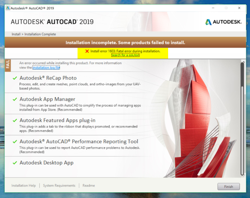 Install Error 1603 Fatal Error During Installation While Installing Autodesk Software Autocad Autodesk Knowledge Network