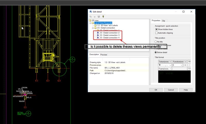 Is it possible to permanently delete views in an Advance Steel drawing