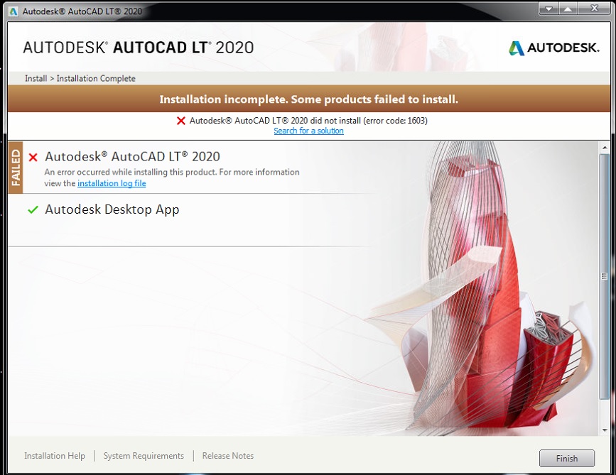 Installation unvollständig. Einige Produkte konnten nicht installiert werden.  aufgrund des Fehlercodes 1603 bei der Installation von Autodesk-Software  der Version 2021 oder früher