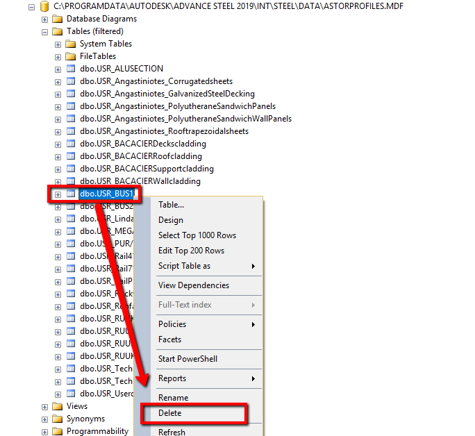 How to delete a user profile table in Advance Steel MDF / SQL database
