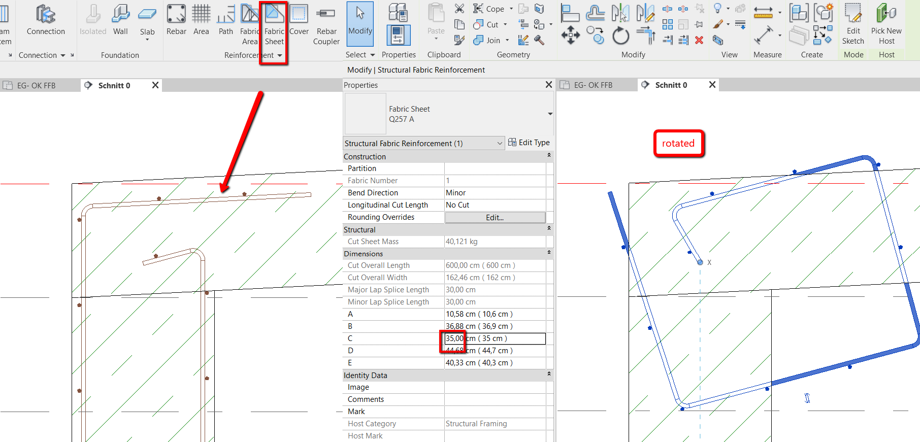 Rotation of single fabric sheet after modifying it in Revit Revit