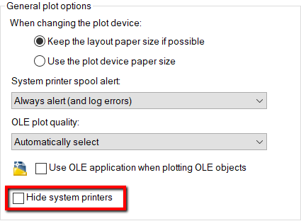 System printers missing from plot dialog in AutoCAD Products