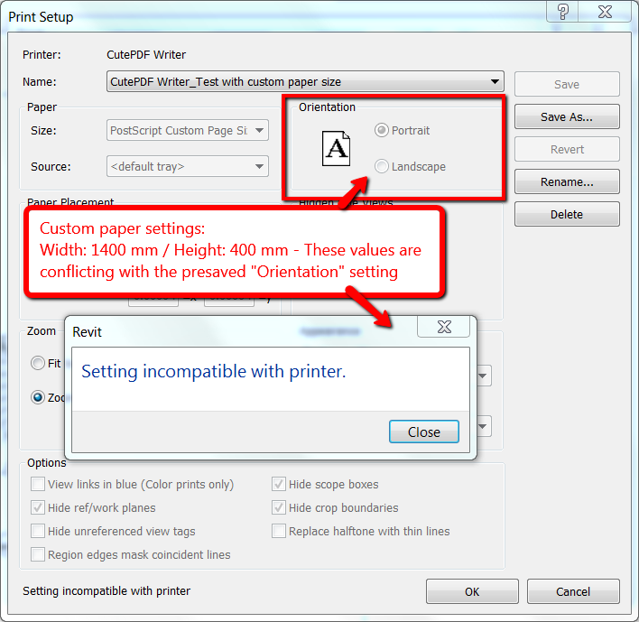 Setting with printer" when printing pdf using a custom page in Revit