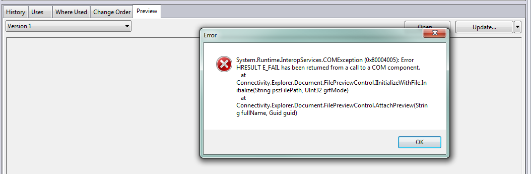 When previewing files in Vault  System.Runtime.InteropServices.COMExceptionAttachPreview