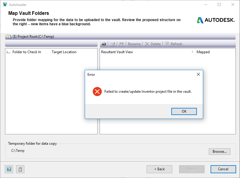 Vault Autoloader 2018, Error "Failed to create/update Inventor project ...