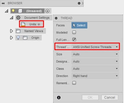 Unable to customize thread selection menu in Fusion 360