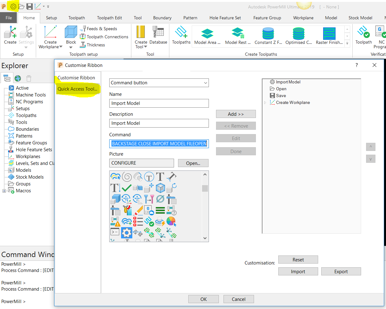 How to add model import icon in Quick access toolbar in PowerMill