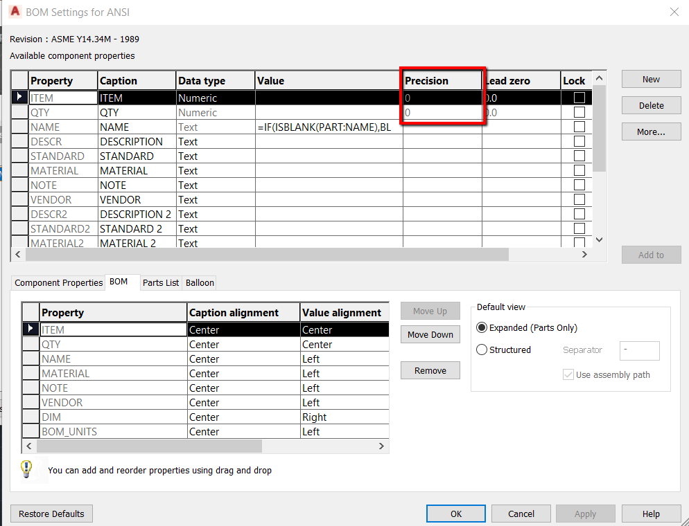 How to change unit precision for a Parts List or BOM item in AutoCAD