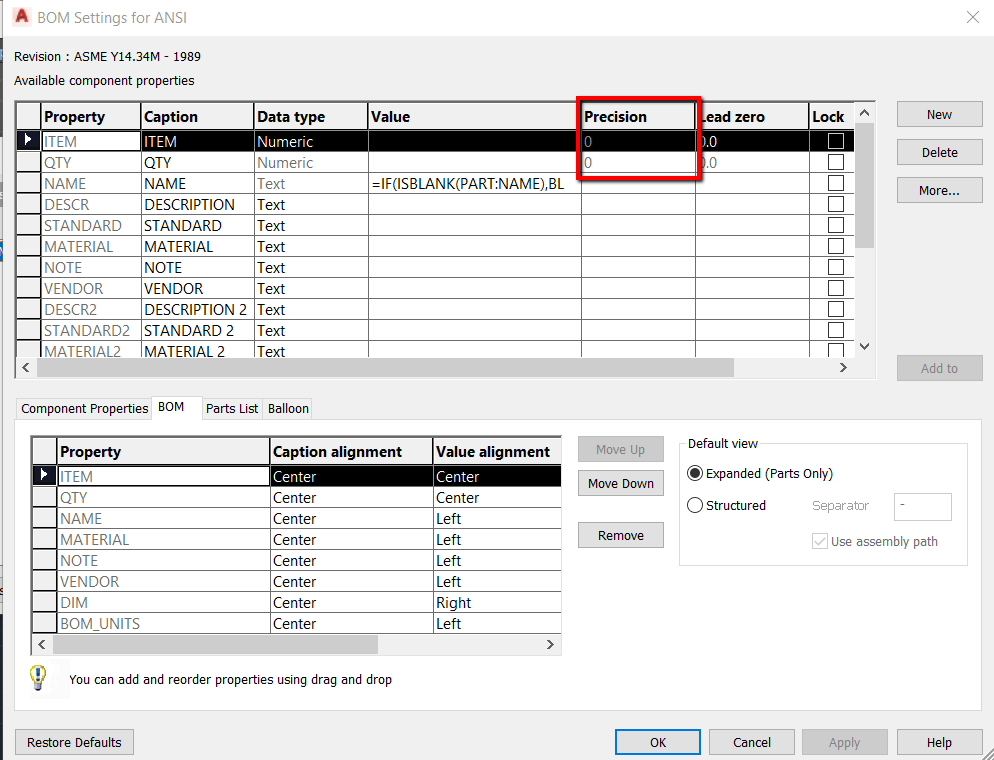 how-to-change-unit-precision-for-a-parts-list-or-bom-item-in-autocad