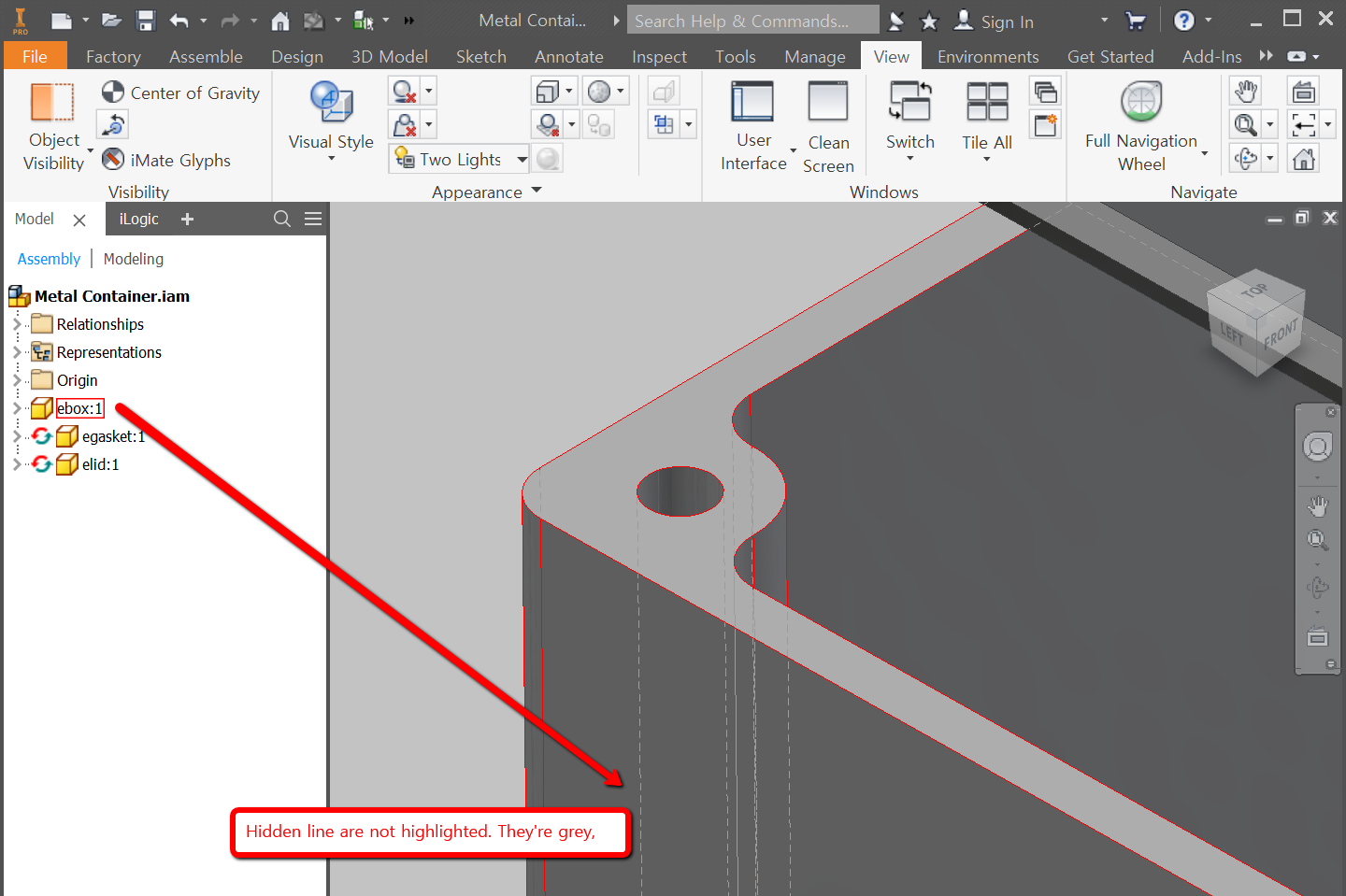 Hidden edges are not highlighted in Inventor 2018 or later