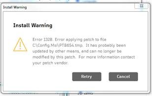 "Error 1328. Error applying patch to file C:Config.Msi... It has probably been updated by other means, and can no longer be modified by this patch. For more information contact your patch vendor."
