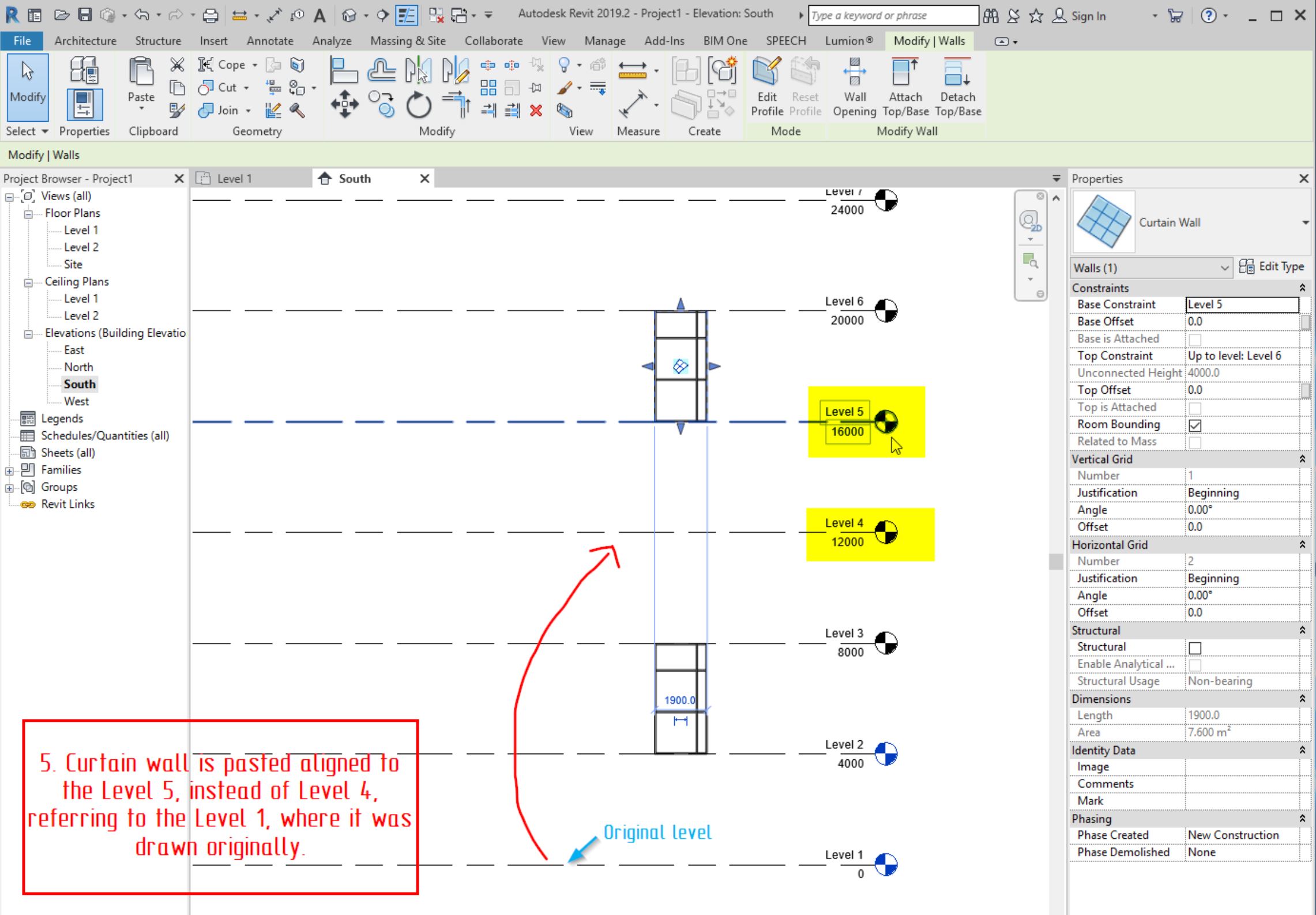 Curtain walls or curtain panels reference the original level after