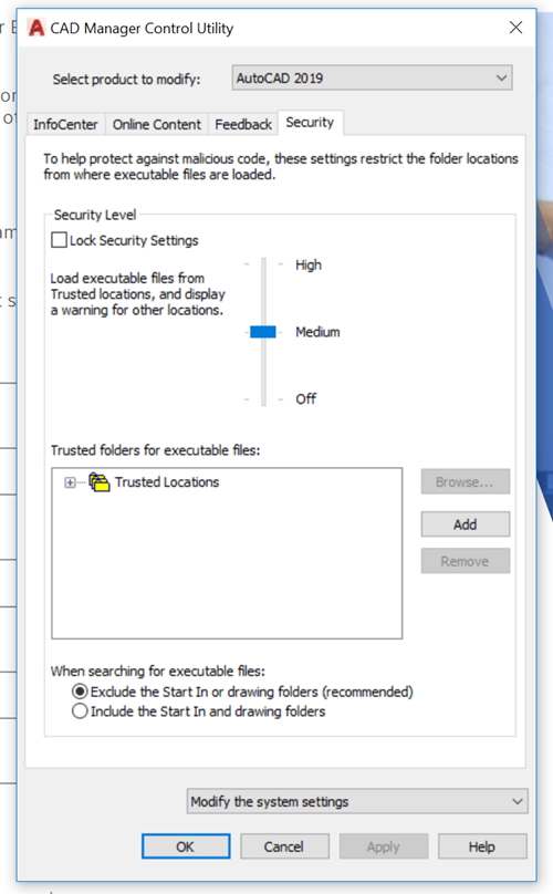 Different tabs show up for each AutoCAD based product in CAD Manager