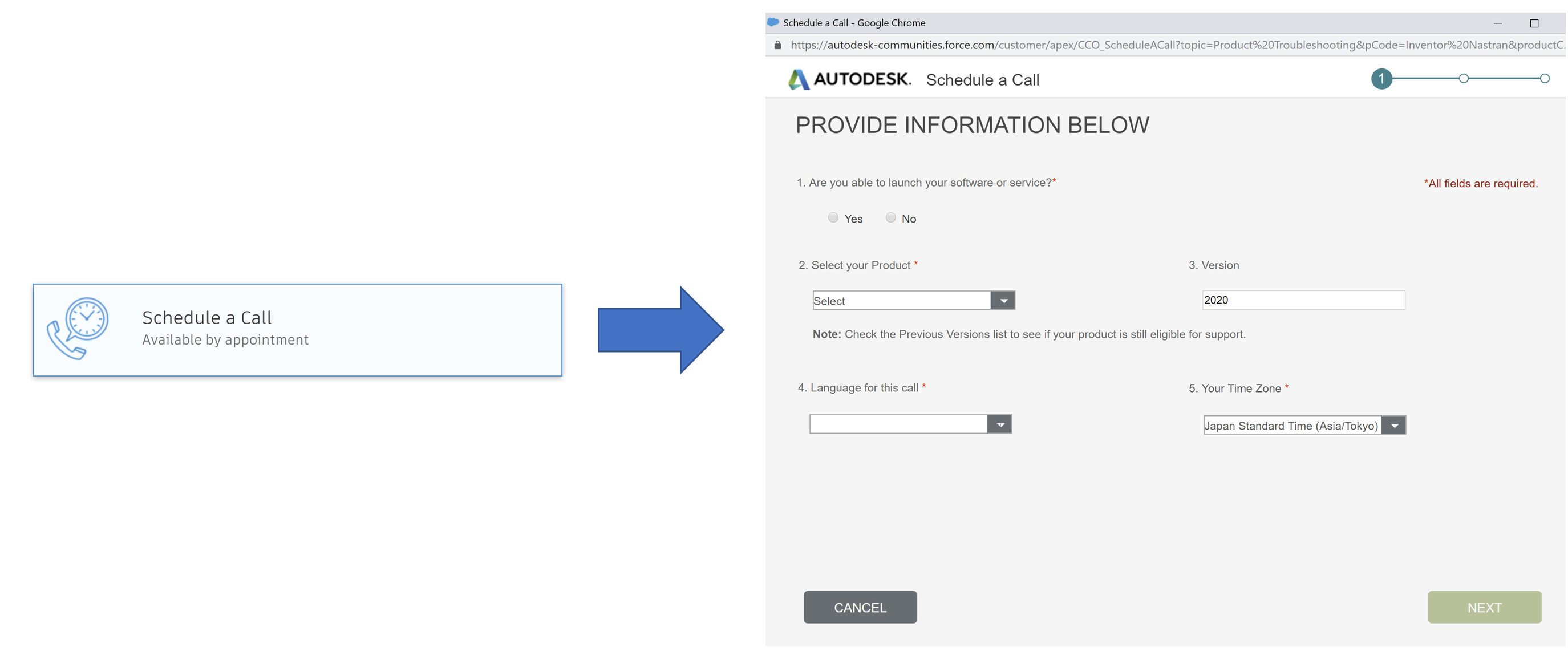 Unable to setup a Schedule a Call session | Search | Autodesk Knowledge  Network