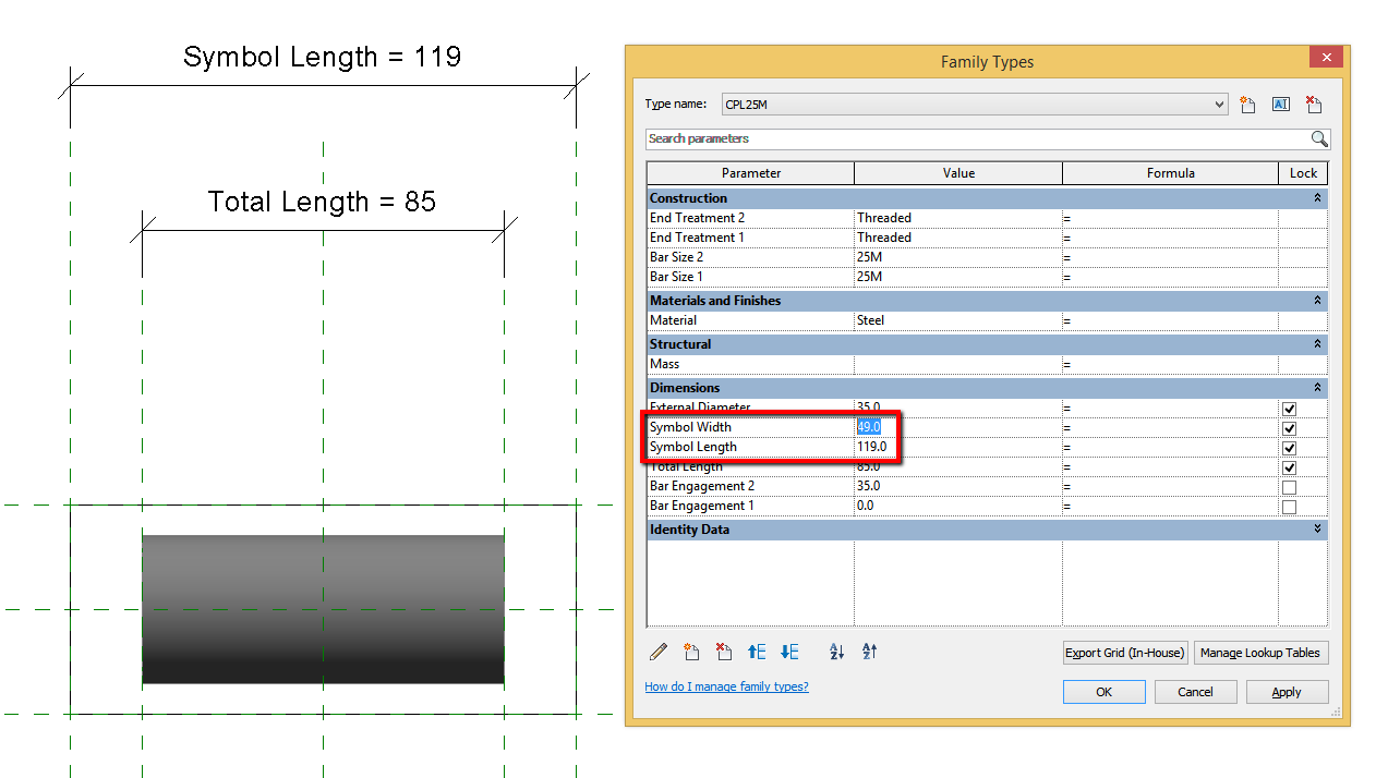 Revit You don't see bar engagement "0" in standard rebar coupler