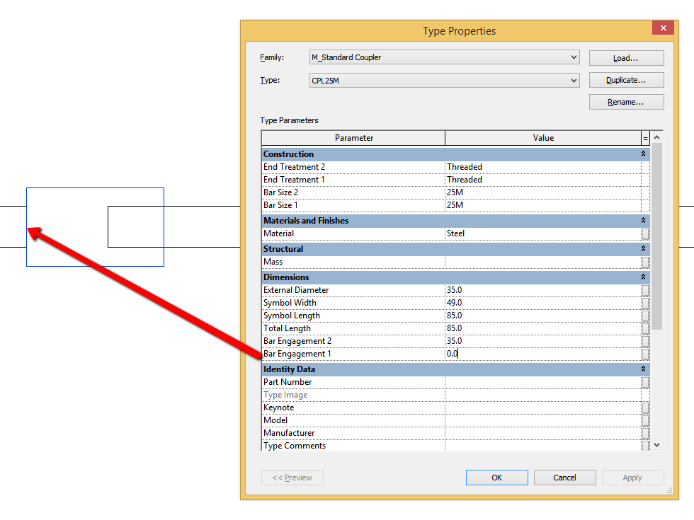 Revit You don't see bar engagement "0" in standard rebar coupler