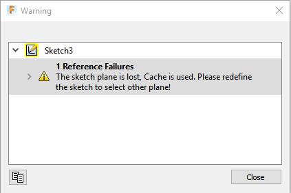 'The sketch plane is lost. Cache is used. Please redefine the sketch ...