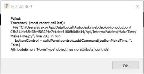 Fusion 360エラーTracebackおよびMakeTimeアドインがアプリケーション 