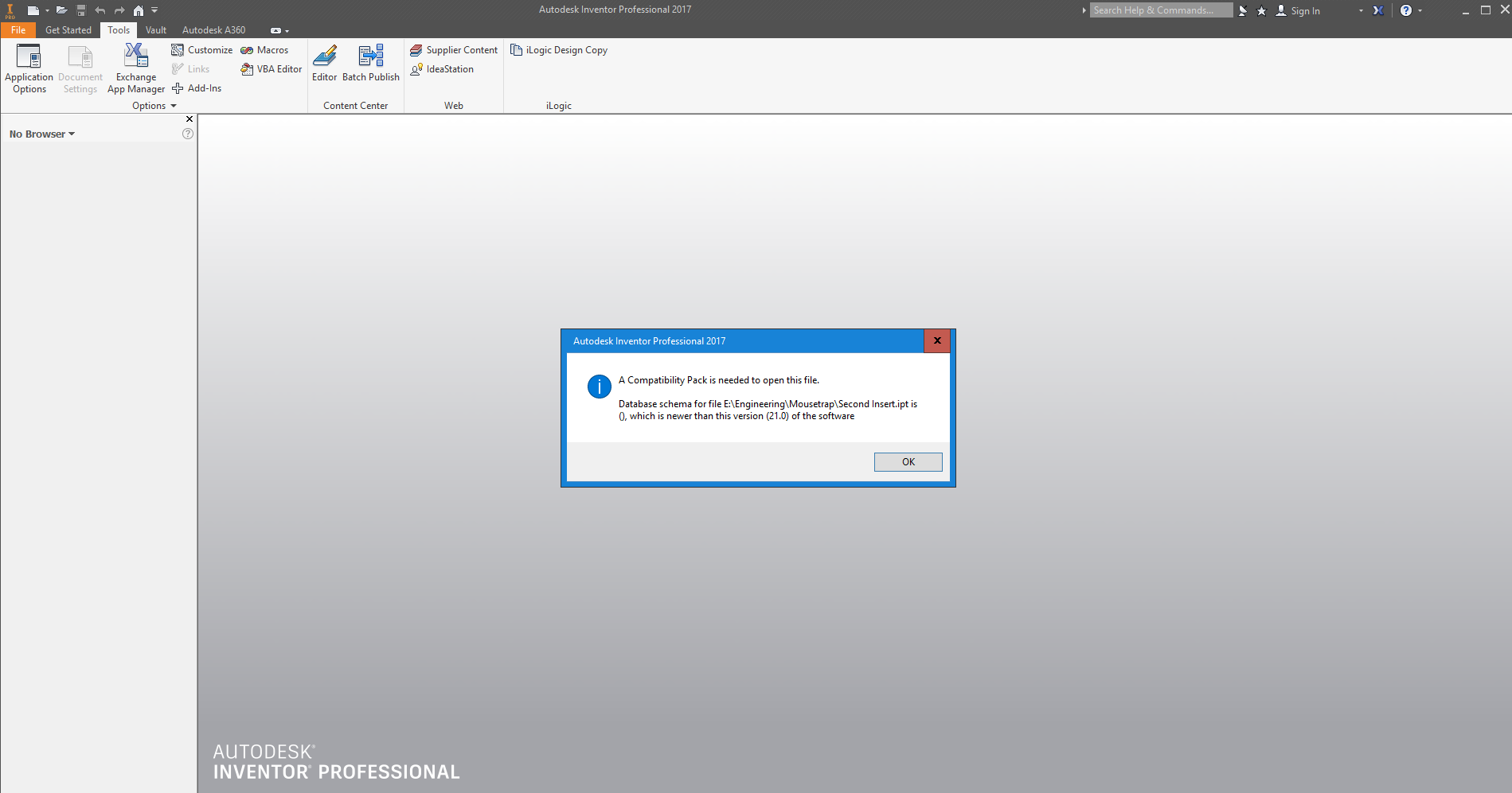 Inventor Error message displayed when opening a file "A compatibility