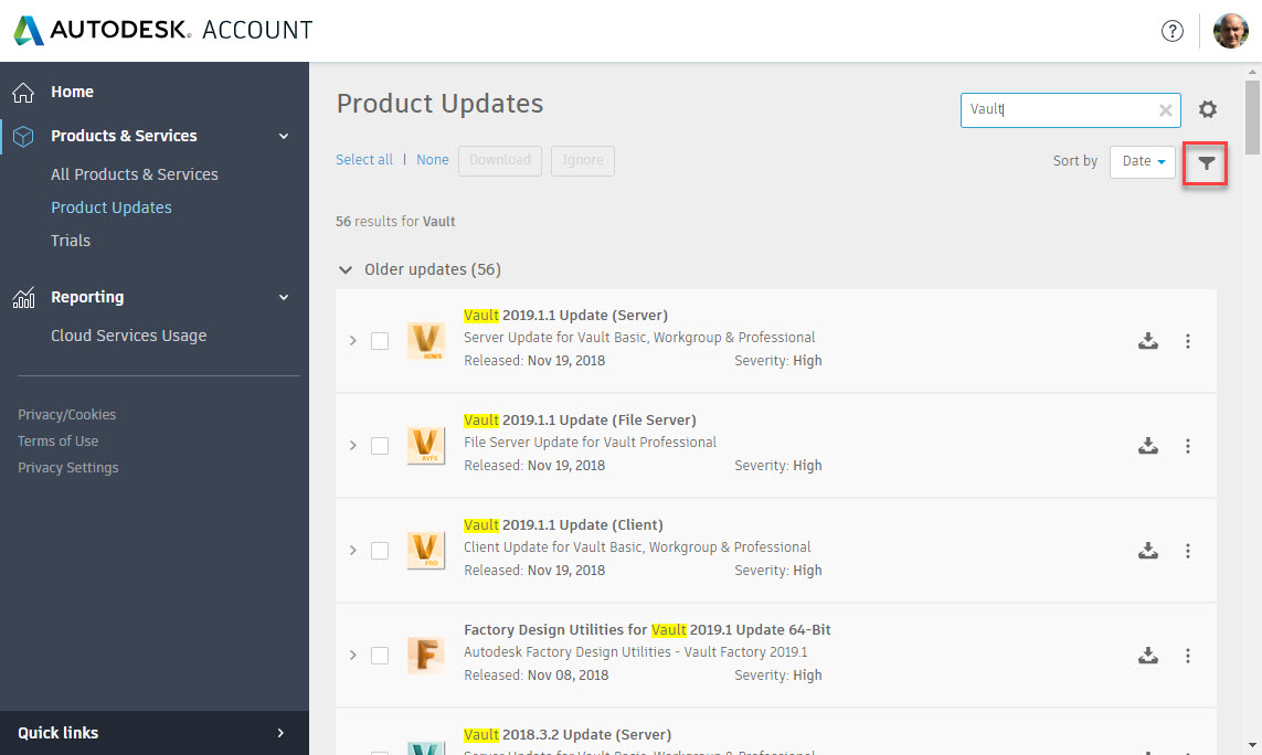 Where can Autodesk Vault Service Packs, Updates and Hotfixes be downloaded from? Vault