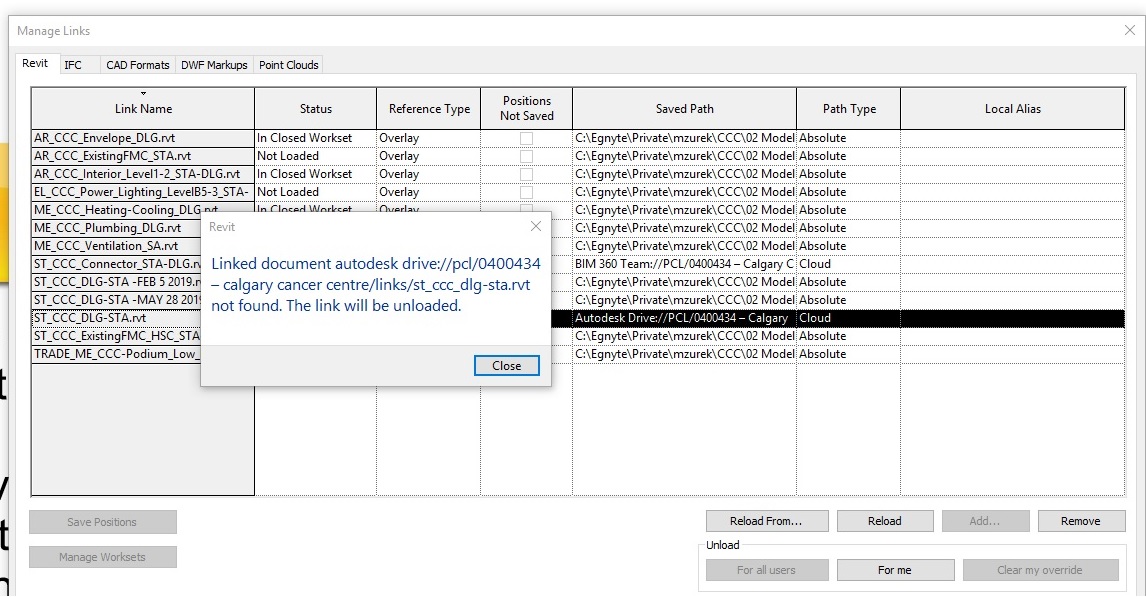 "Linked document is not found. The link will be unloaded" appears in