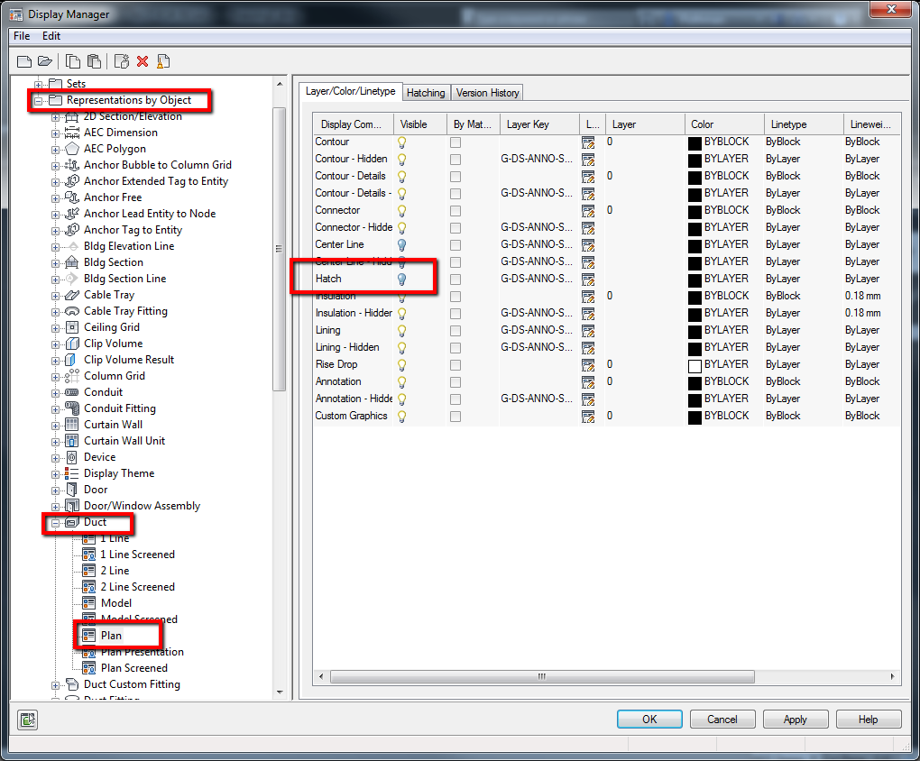 How to turn off hatching on ducts in AutoCAD MEP