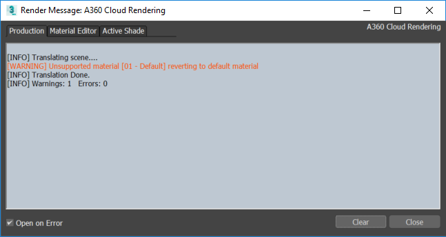 WARNING] material... reverting default message when using A360 Cloud Rendering in 3ds Max