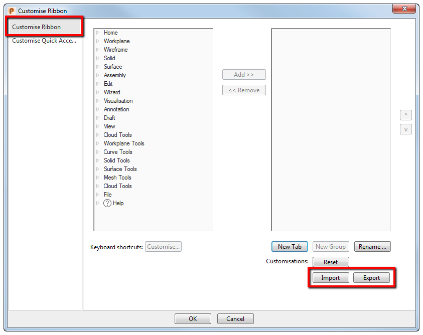 How to import or export the ribbon settings and keyboard shortcuts in PowerShape.
