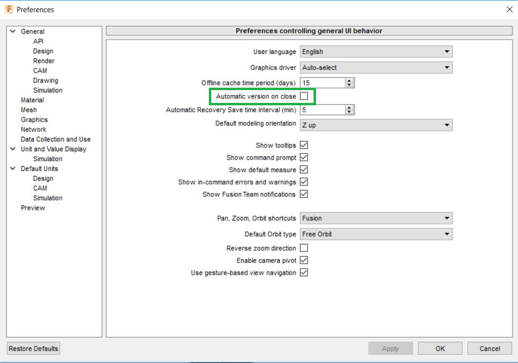 General preferences menu.