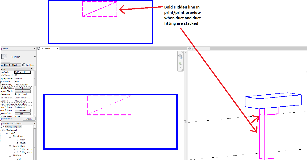 Duct Risers and drops print with bold hidden lines in Revit Revit