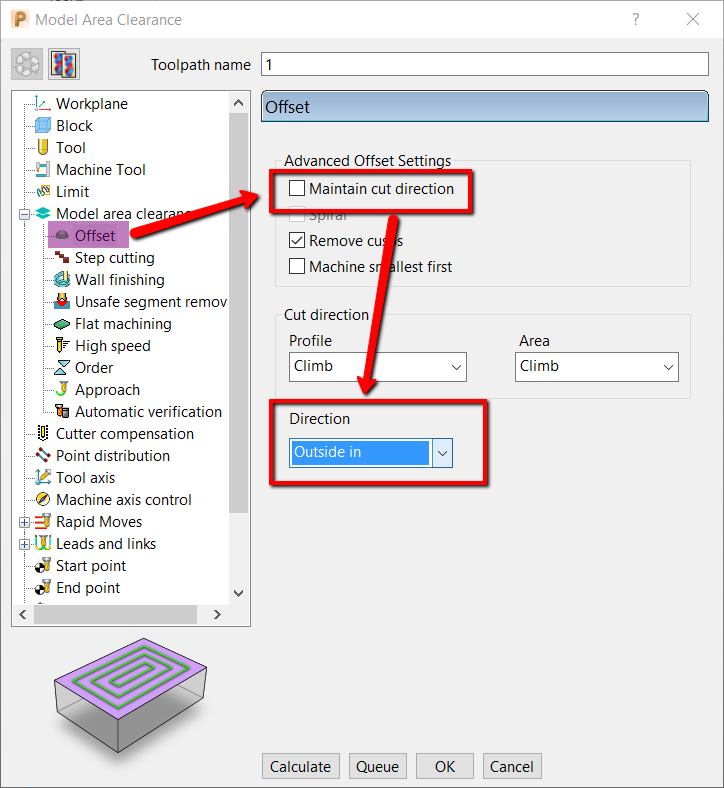 How to force an area clearance toolpath to start from outside inward in