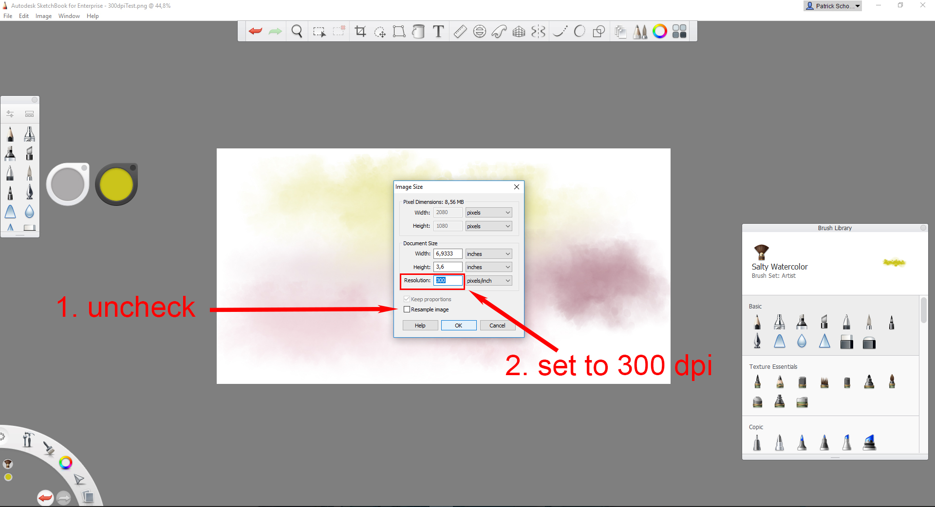 Can't save image in 300 dpi formatting in Sketchbook for Enterprise 2019
