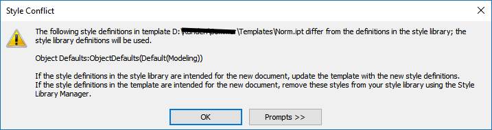 Style Conflict message appears only in specific Inventor language versions