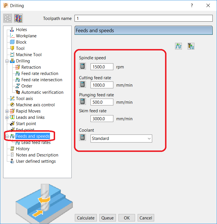 How to set feeds and speeds for drilling cycles in PowerMill.