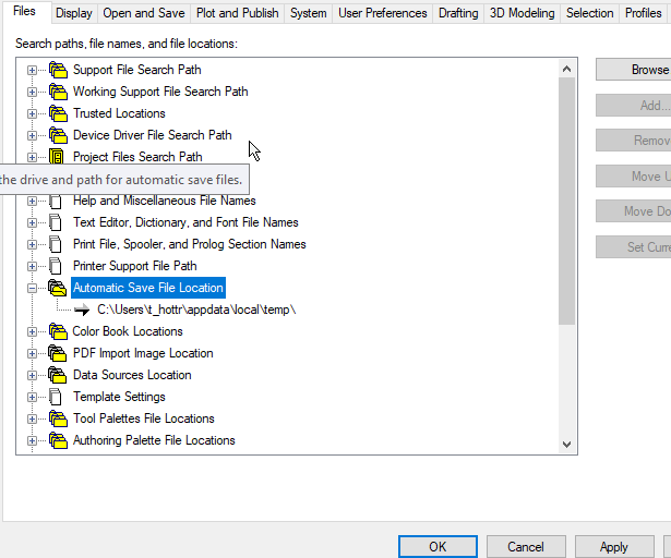 Change Default Location For Automatic Save Files AutoCAD Autodesk 