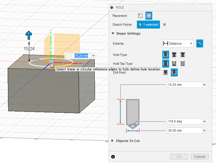 Fusion 360で穴の面を選択するときに、「切り取りまたは交差する