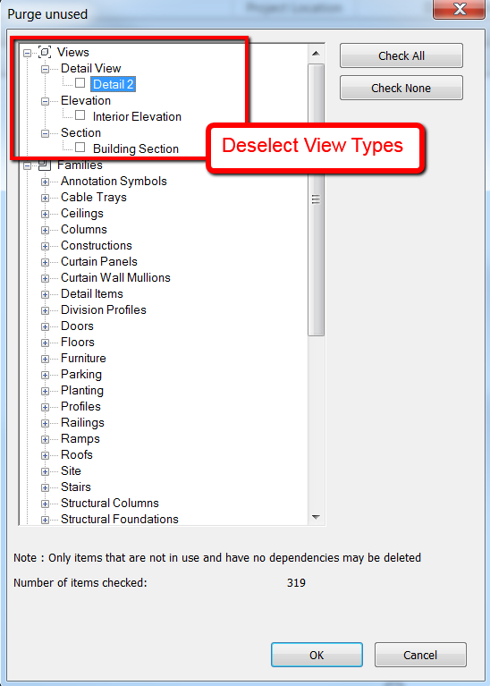 Revit "Purge Unused" command deletes callout and section views Revit