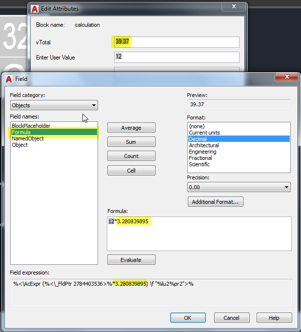 Field calculations within AutoCAD blocks do not update when changing the value of linked attributes