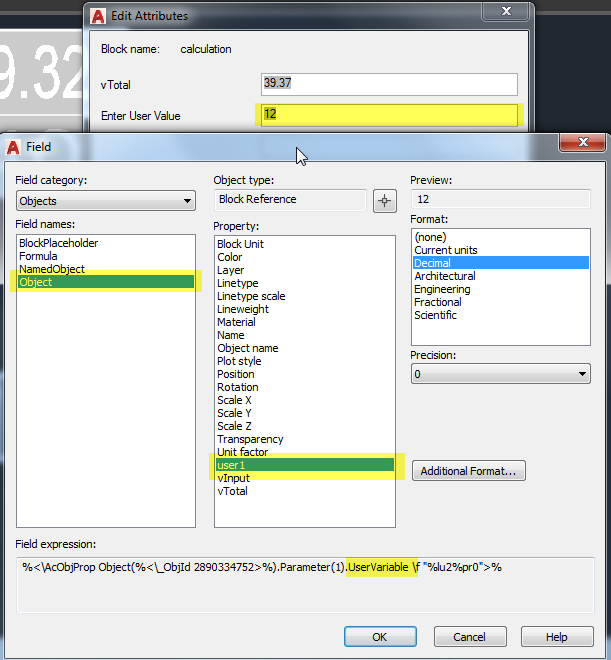 Field calculations within AutoCAD blocks do not update when changing the value of linked attributes
