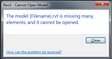 Revit モデルを開こうとすると「モデル[ファイル]には多数の要素が欠け