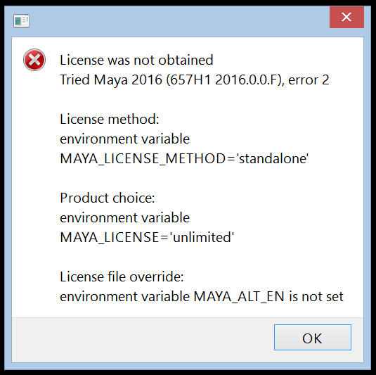 エラー 2: ライセンスが取得されませんでした Maya 2016