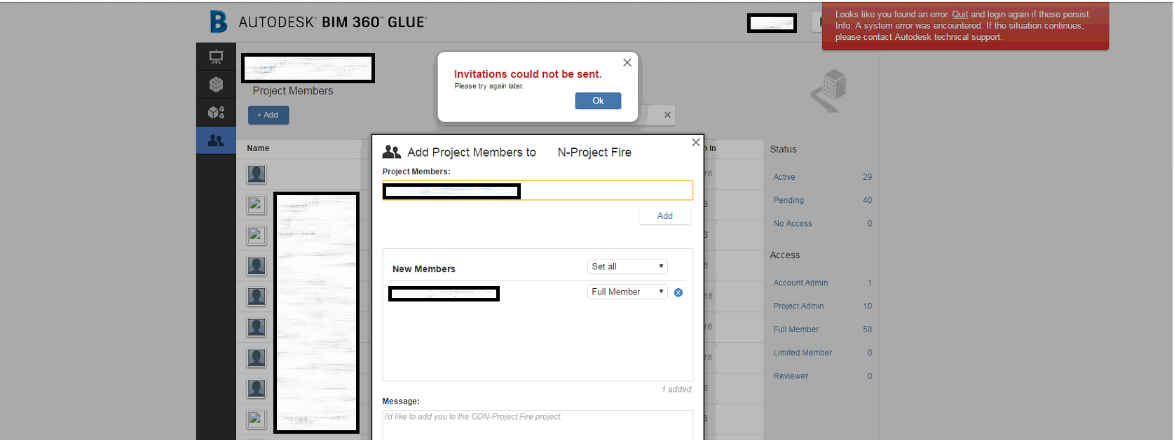 "Invitations could not be sent" when trying to invite a project member to a BIM 360 Glue project