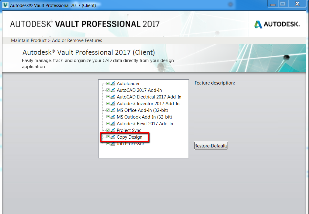 Vault Copy Design 명령이 회색으로 표시됨