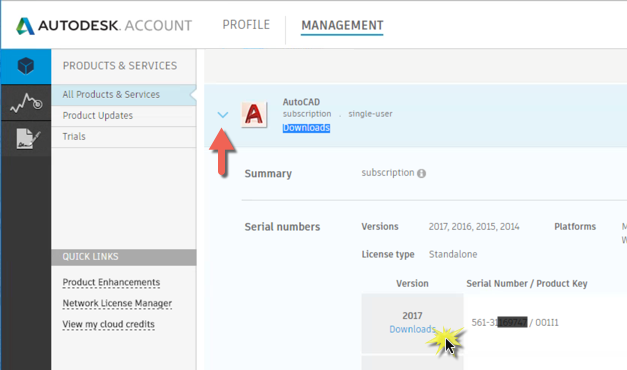 製品の更新]タブから AutoCAD 2017.1.1 Update 32 ビット版を