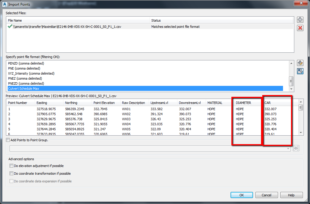 When importing points in Civil 3D the point file format analyzes but ...