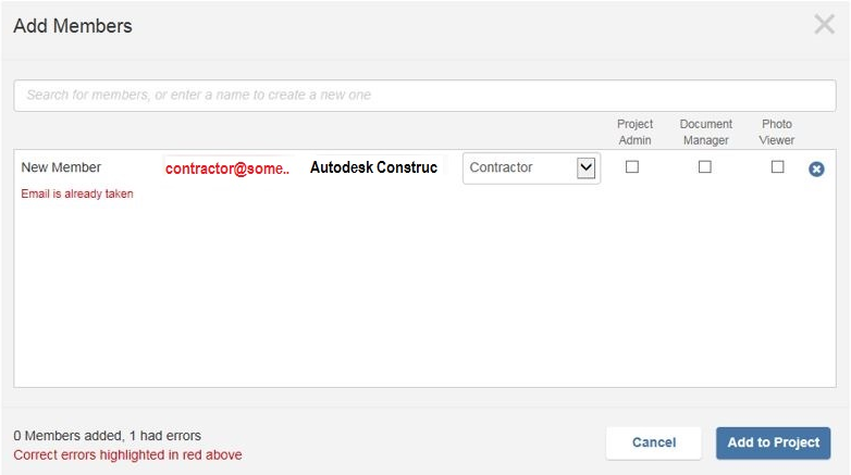 "Email is already taken" when trying to add new member to BIM 360 Field ...