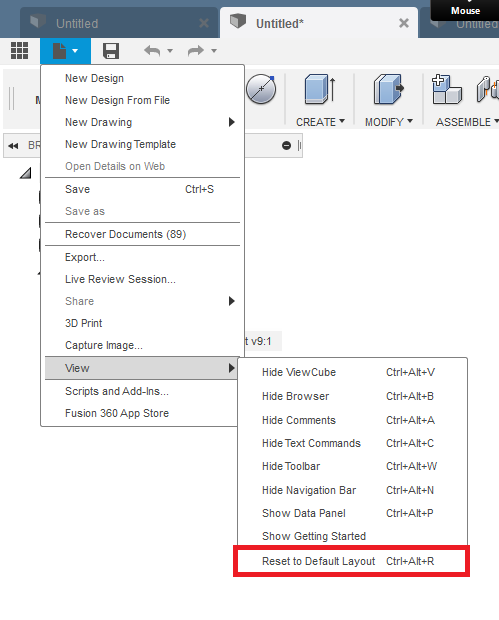 Reset to default layout option in Fusion